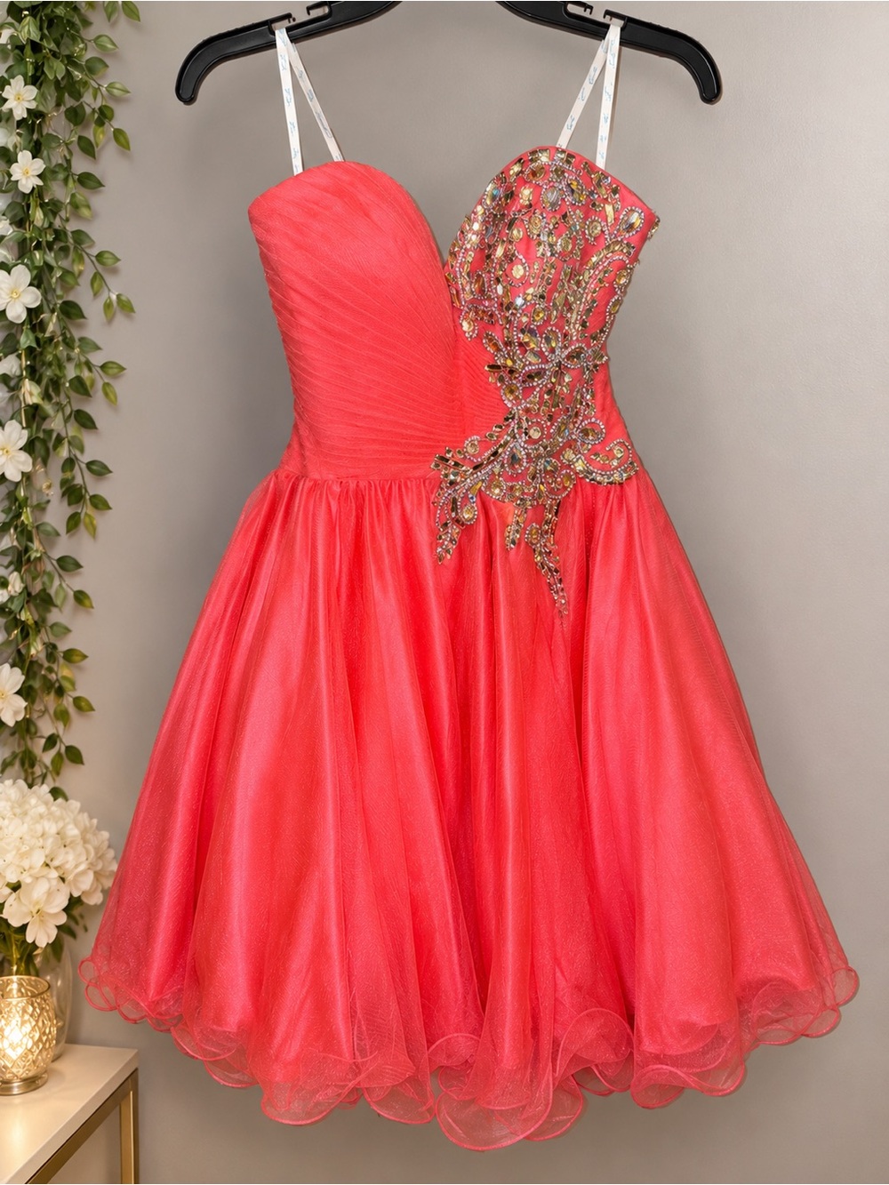Coral Pink Party Dress with Embellished Bodice